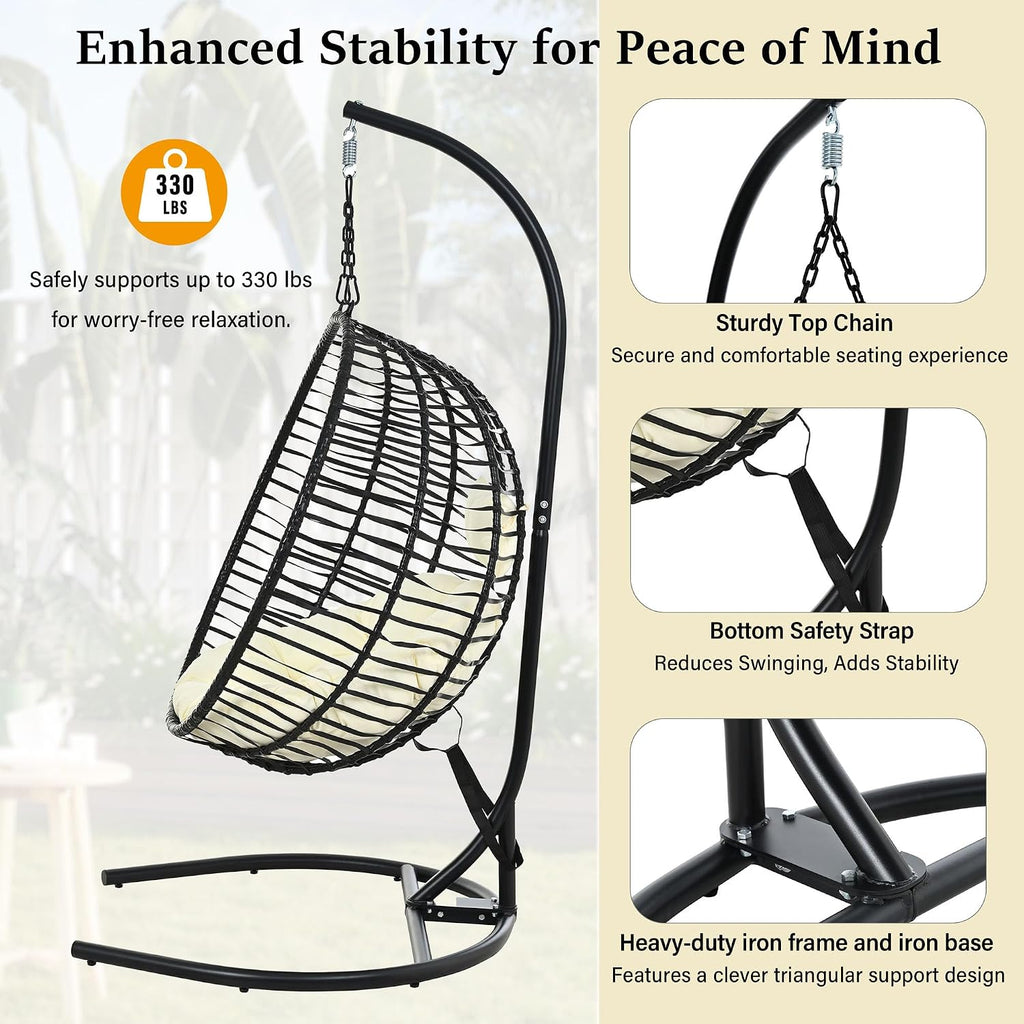 Indoor Outdoor Egg Chair with Stand, Foldable Egg Swing Chairs with Comfy Cushion/Removable Headrest/Adjustable Feet
