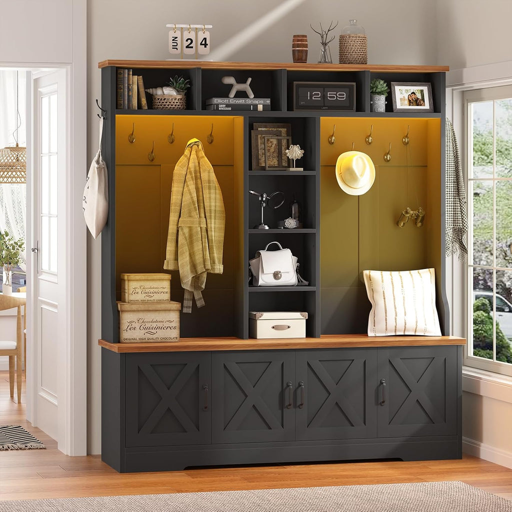 Hall Tree with Bench and Shoe Storage, Farmhouse Entryway Bench with Coat Racks and Led Lights, Black Large Hall Tree