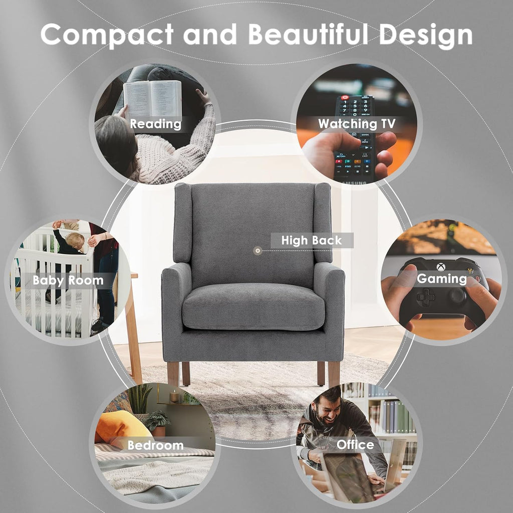 Modern Wingback Living Room Chair, Upholstered Fabric Accent Armchair, Single Sofa Chair with Lounge Seat and Wood