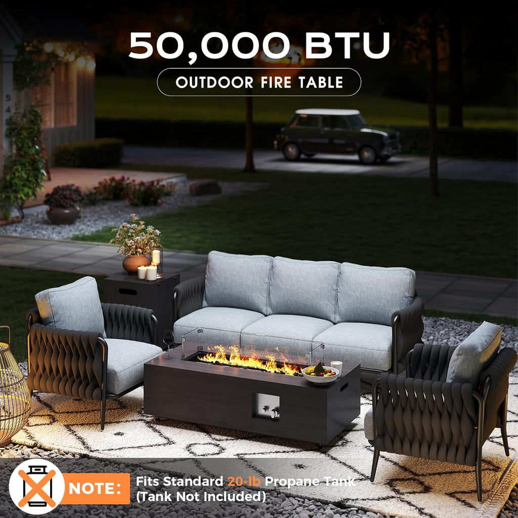 42in Fire Pit Table Propane Fire Pit 2 Piece Rectangular Gas Fire Pits 50,000 BTU with Wind Guard Propane Tank Cover Table