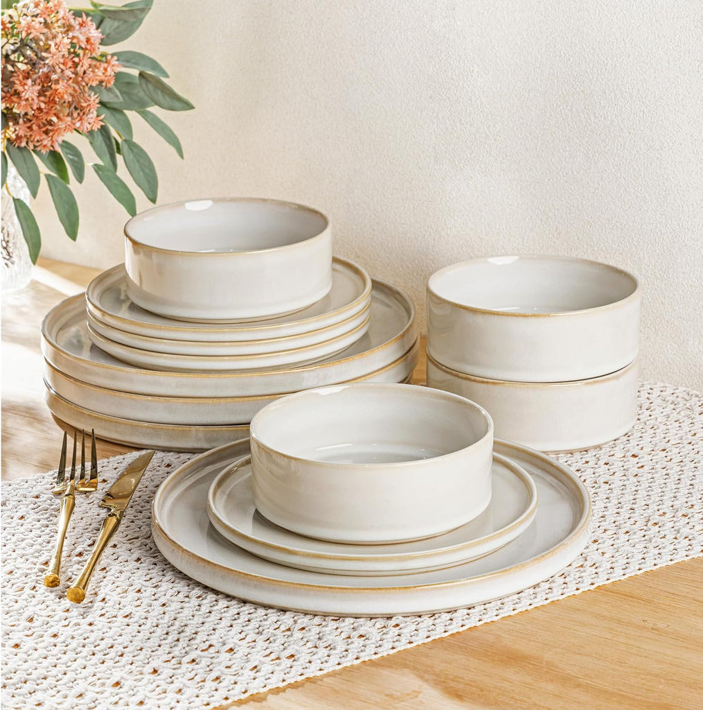 Ceramic Dinnerware Sets, Handmade Reactive Glaze Stoneware Plates and Bowls Sets,Highly Chip and Crack Resistant |