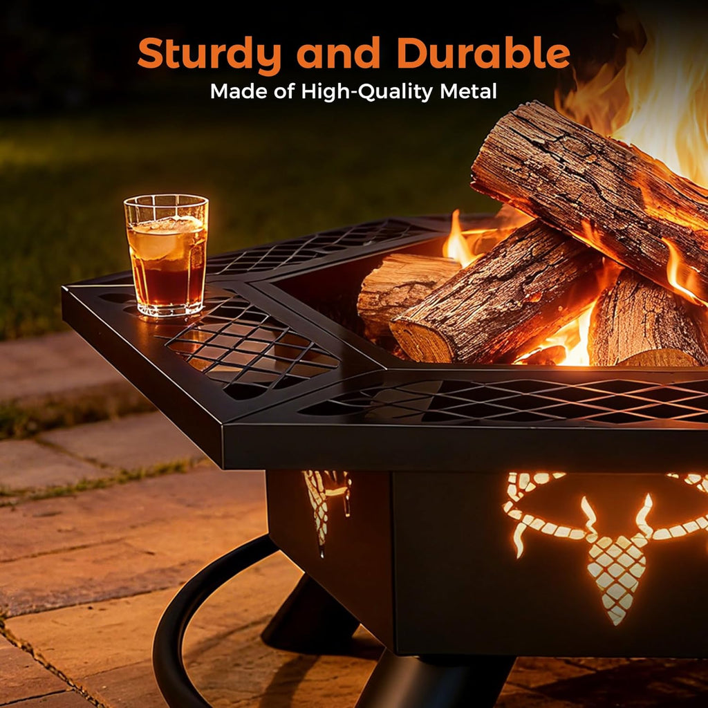 Fire Pit with BBQ, Outdoor Fire Pit for Wood Burning, Patio Firepits for Outside with Grill
