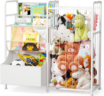Kids Bookshelf and Stuffed Animal Storage - Multi-Function Nursery Book Shelves with Leather Toy Box and PVC Book