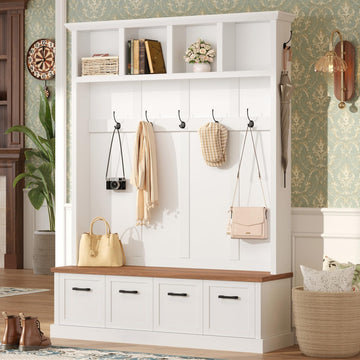 Farmhouse Hall Tree with Storage Bench, Mudroom Coat Rack with 6 Hooks, Modern All-in-One Entryway Organizer with