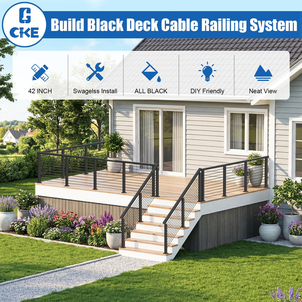 10ft-15ft Complete Set 42" Cable Railing Post Kit, 3Pack Black Level Drilled Line Posts(35"x2"x2"), Swageless Deck