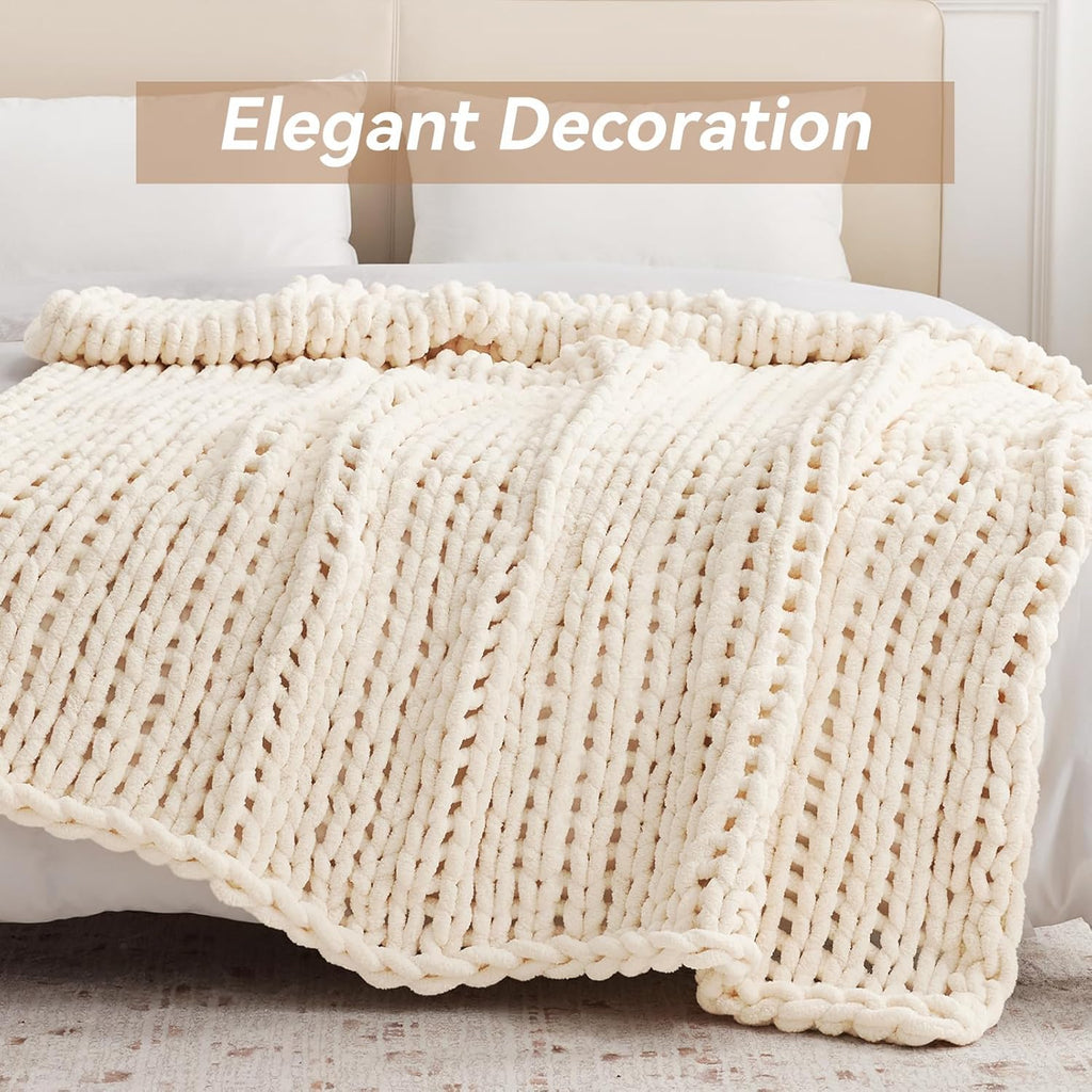 Chunky Knit Throw Blanket, 50''*60'' Knitted Throw Chenille Yarn, Handmade Cream Crochet Big Thick Blanket, Machine