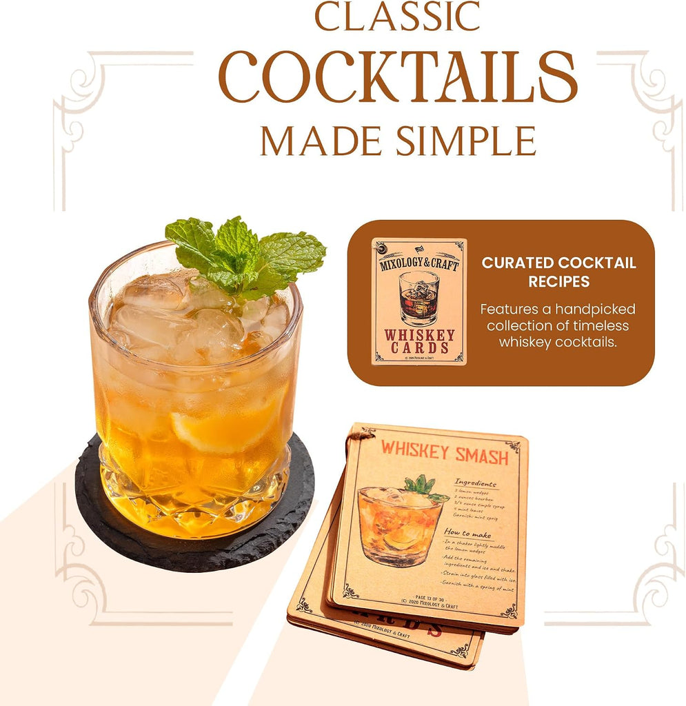 Whiskey Decanter Set - Elegant 24oz Crystal Glasses, Rustic Wood Stand, 6 Chilling Stones, Metal Tongs, Recipe Cards