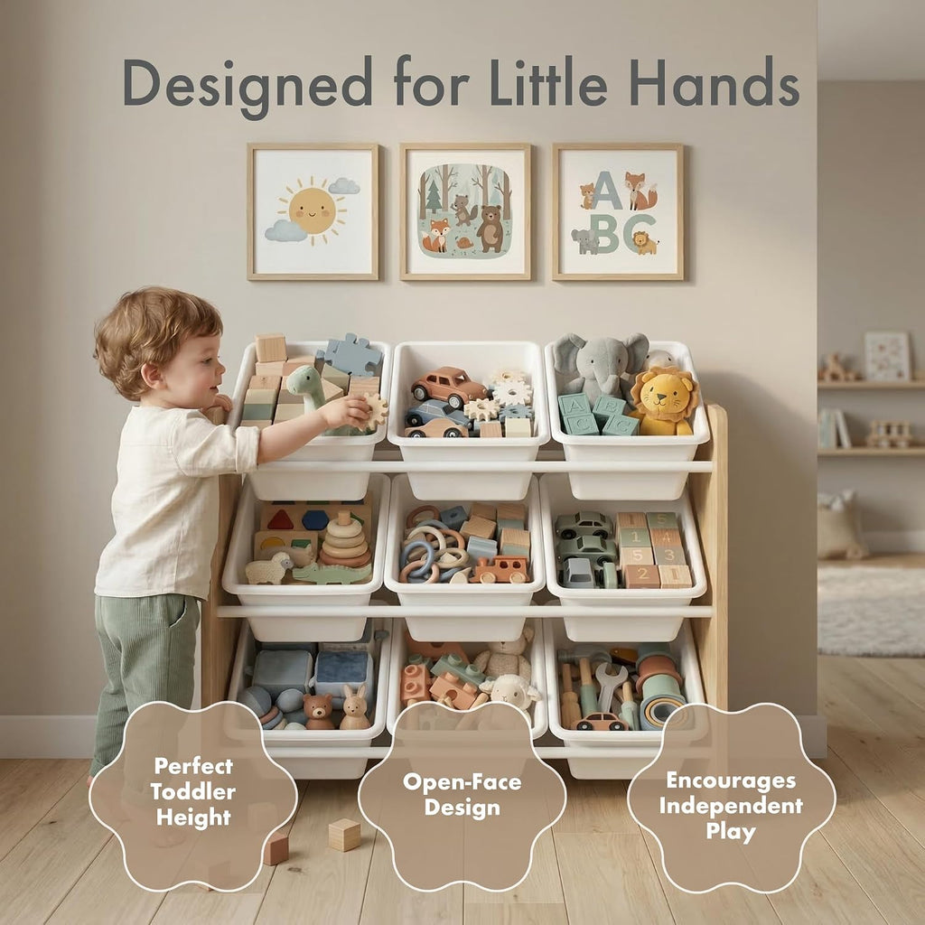 Kids Toy Organizer with 9 Bins, 3 Tier Storage | Sturdy wood and steel toddler shelf, removable BPA-free containers