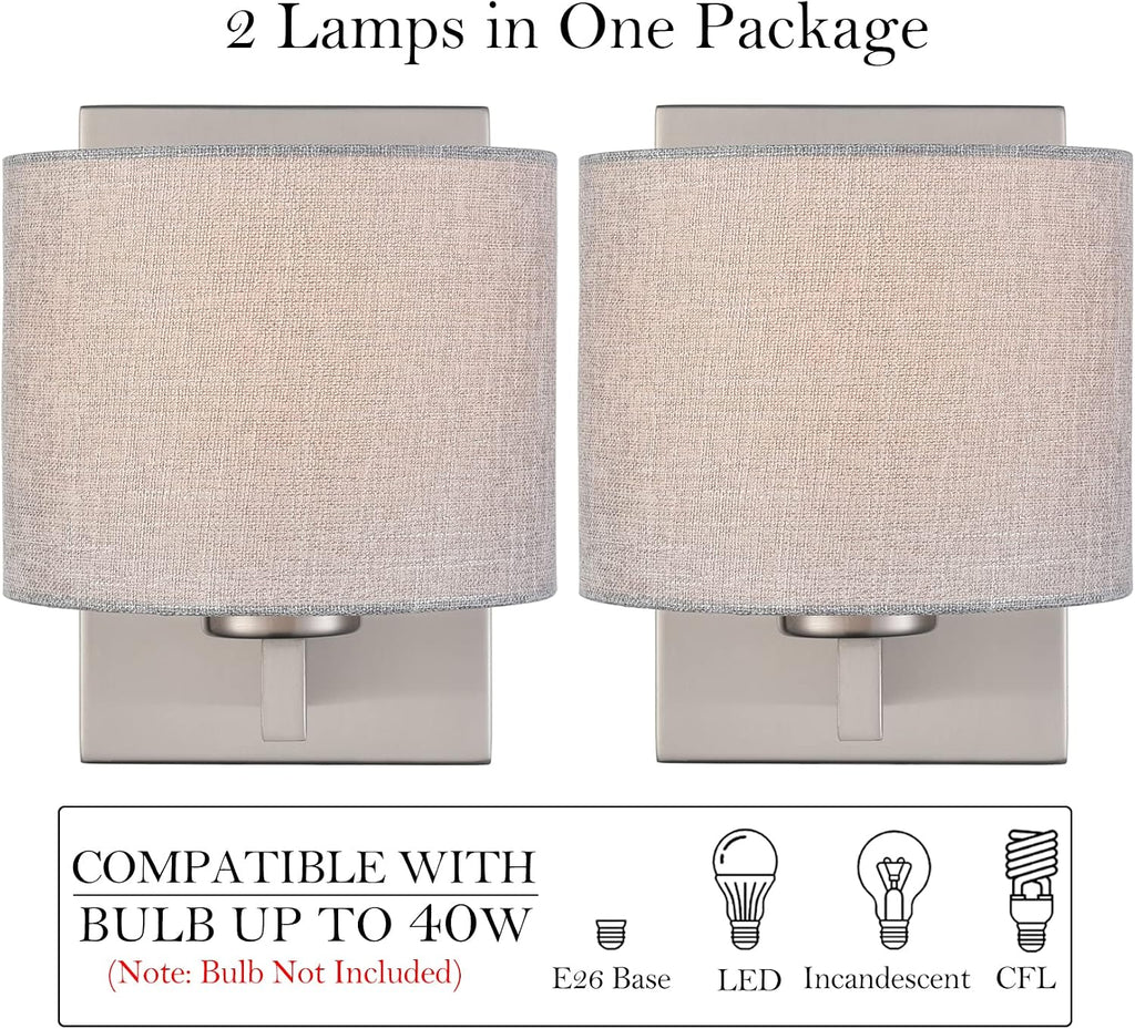 Modern Brushed Nickel Wall Sconces Set of 2 | Linen Drum Shade Wall Sconce, 1-Light Silver Wall Mount Lamp Hallway