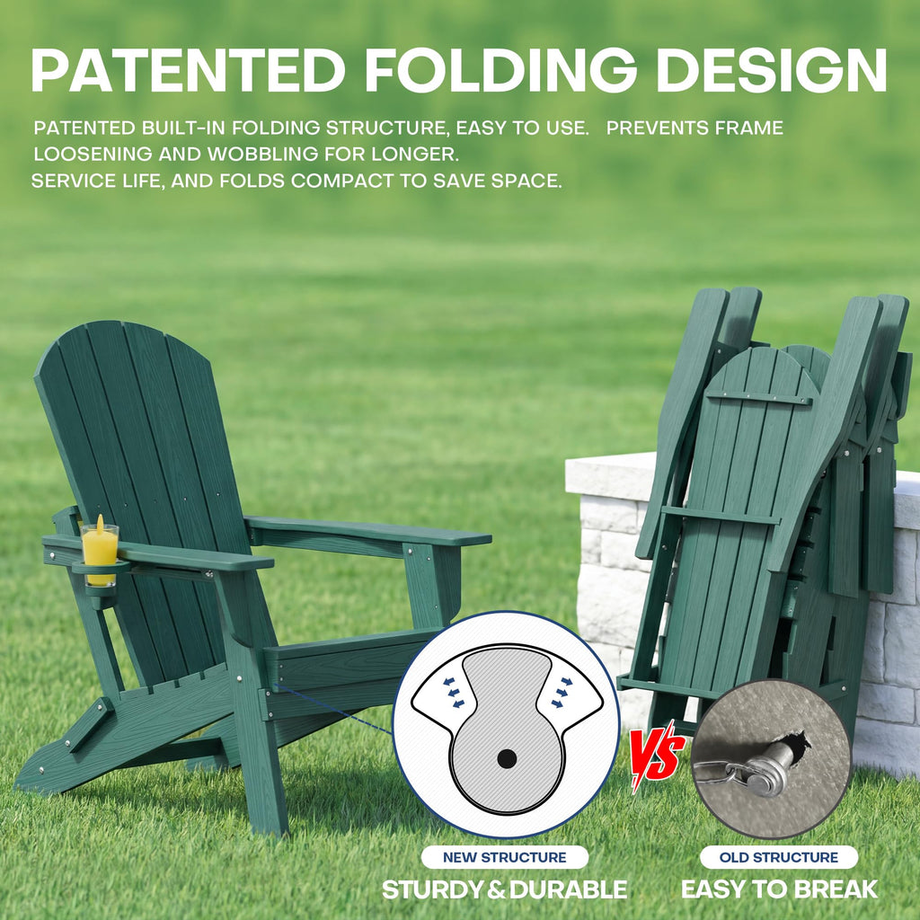 Adirondack Chair Set of 2 with Cup Holders&Table, Green