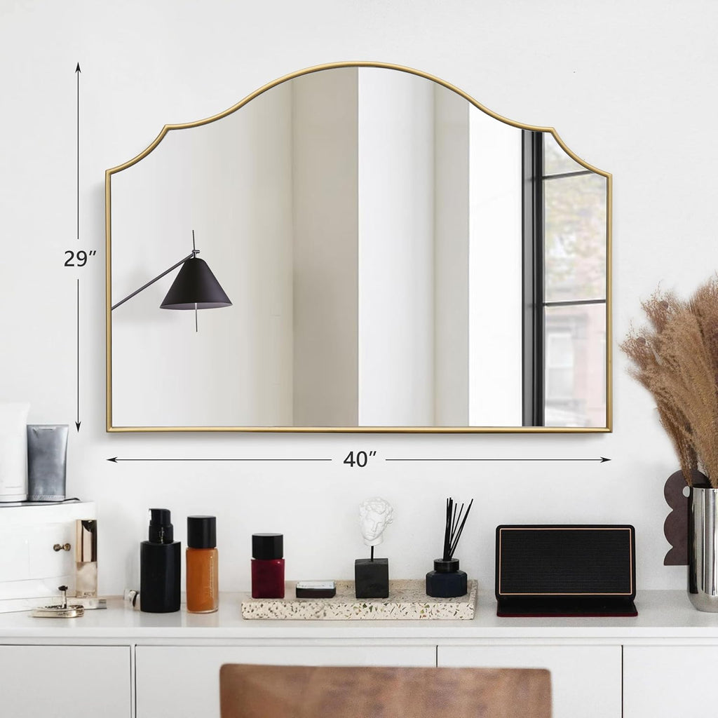 Gold Scalloped Wall Mirror: 40"x29" Large Modern Minimalist Bathroom Mirror - Decorative Vanity Arched Mirrors for