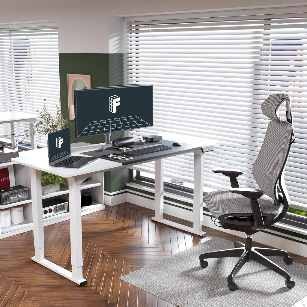 4-Leg Standing Desk, 63"x28", Electric Height Adjustable, White