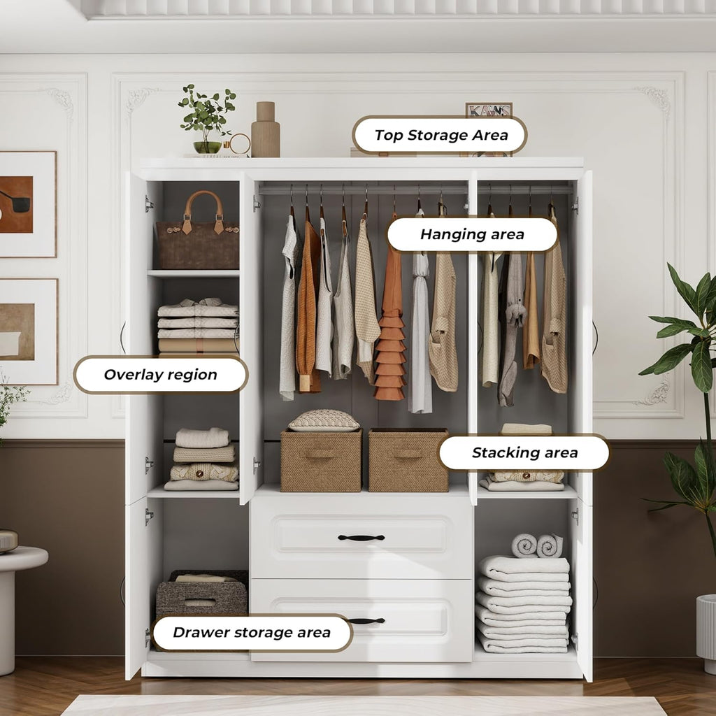 Large Capacity Wardrobe Closet with 2 Drawers White | Spacious Storage Cabinet Organizer , White Armoire Fits Most