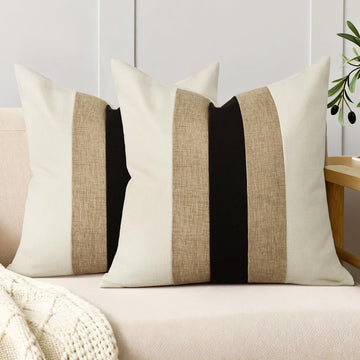 Linen Patchwork Pillow Covers 18x18 Inch Set of 2