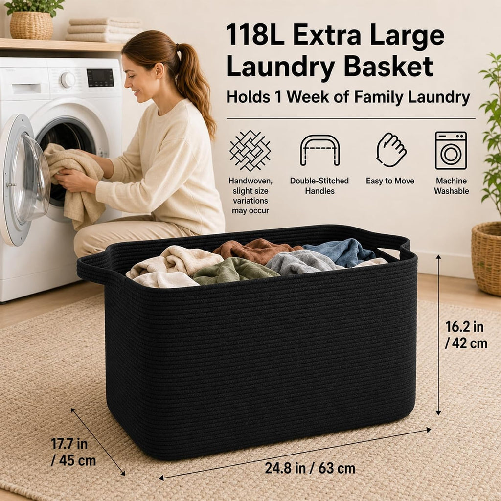 118L Extra Large Blanket Basket Living Room, 24.8"x17.7"x16.2" | Woven Rope Baskets for Storage, Nursery Blanket