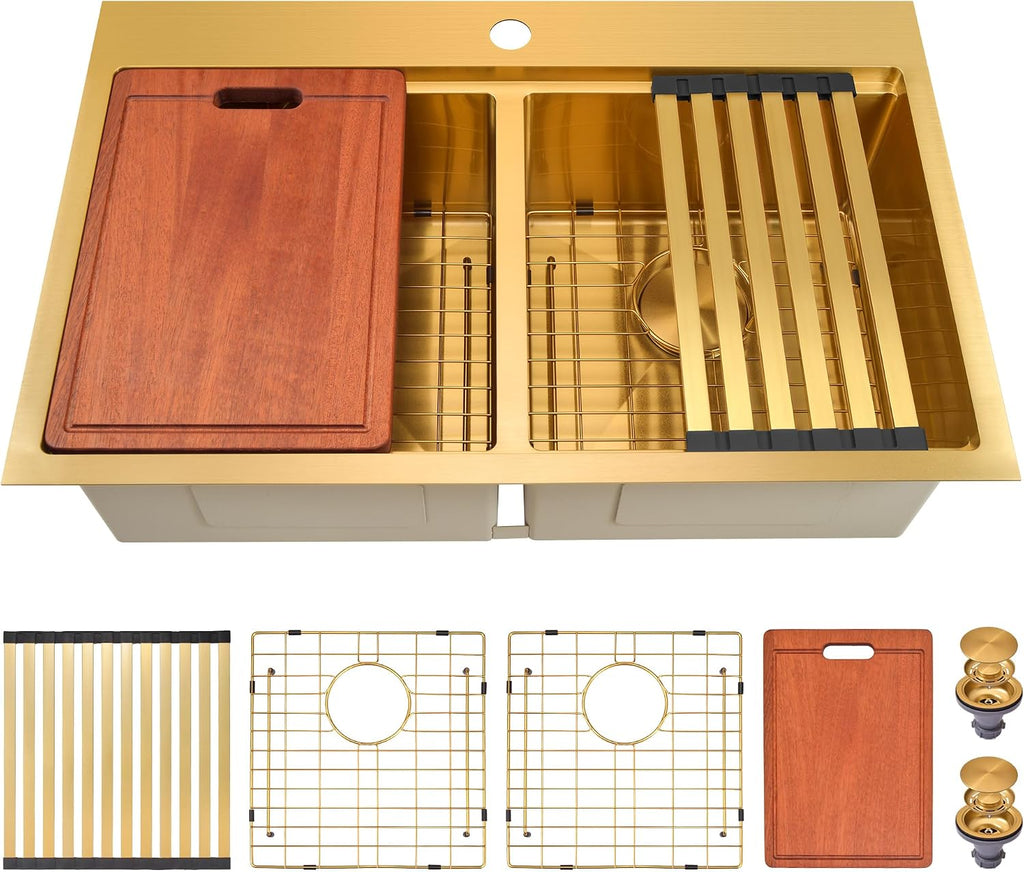 33x22 Drop Sink Double Bowl, Gold Kitchen Sink 33x22 with Smart Workstation & Built-In Accessories, Top Mount 16