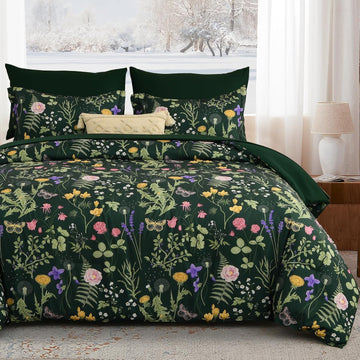 Queen Comforter Set 7 Piece, Dark Green Floral Bedding Set, Bed in a Bag Queen with Botanical Flowers Patterns, Soft - Set of 7
