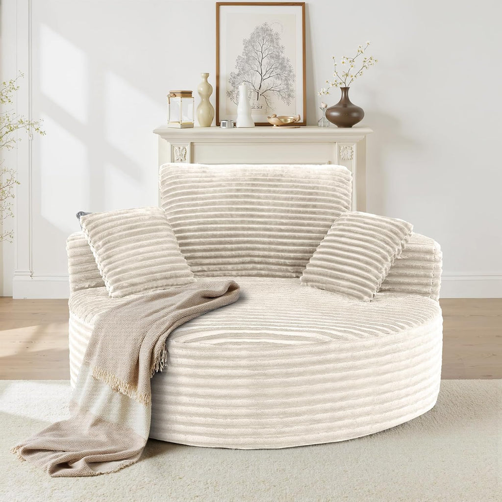 55''L 3.5CM Corduroy Single Foam Sofa, Oversized Round Chair with Pillows, Modern Sleeper s, Lounges, Nurseries and