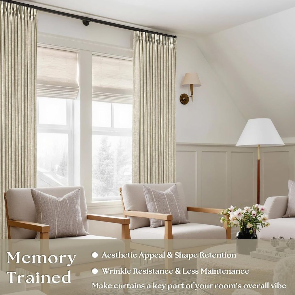 Neutral Oatmeal Linen Pinch Pleated Curtains Long 2 Panels