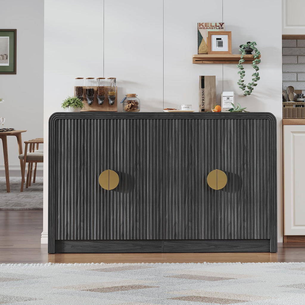 55" Fluted Buffet Sideboard Cabinet with Storage, Modern Mid-Century Buffet Cabinet with Adjustable Shelves, Coffee
