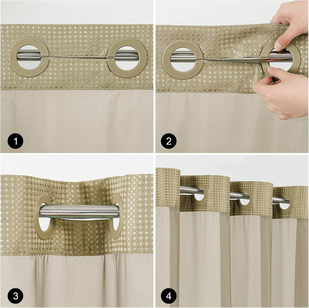 Beige No Hook Waffle Shower Curtain Set, 72" W x 75" L | Snap-In Fabric Liner, Mesh Top Window, Heavy-Duty Waffle