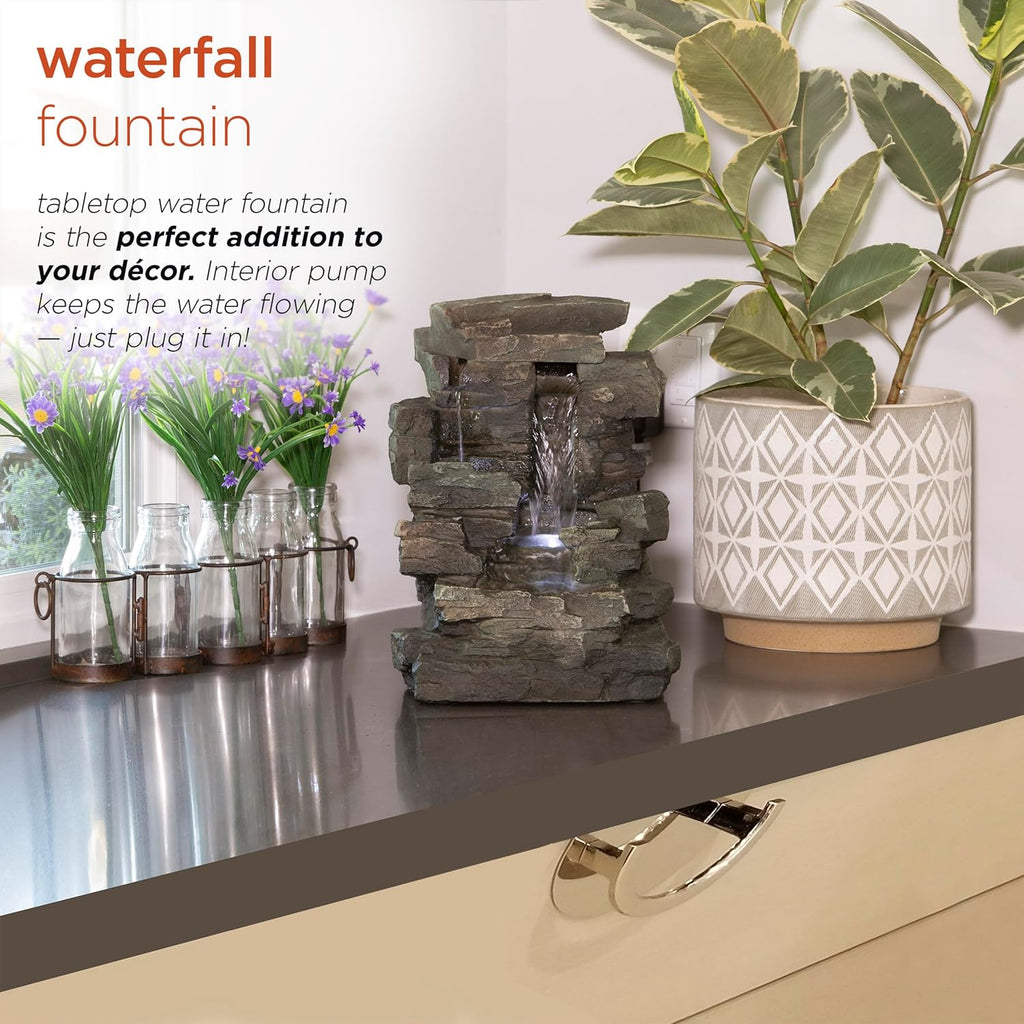 13" Tall Indoor Tabletop Water Fountain, 4 Tier Cascading Water Feature with LED Lights, or Zen Decor, Gray