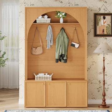 Farmhouse Hall Tree with Storage Bench, 48.7" Arched Entryway Coat Rack Organizer with 4 Metal Hooks, 3 Cabinets