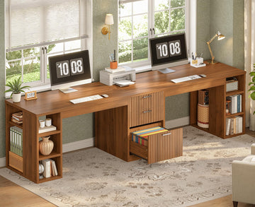 Fluted 96.5" 2 Person Computer Desk with Storage Drawers