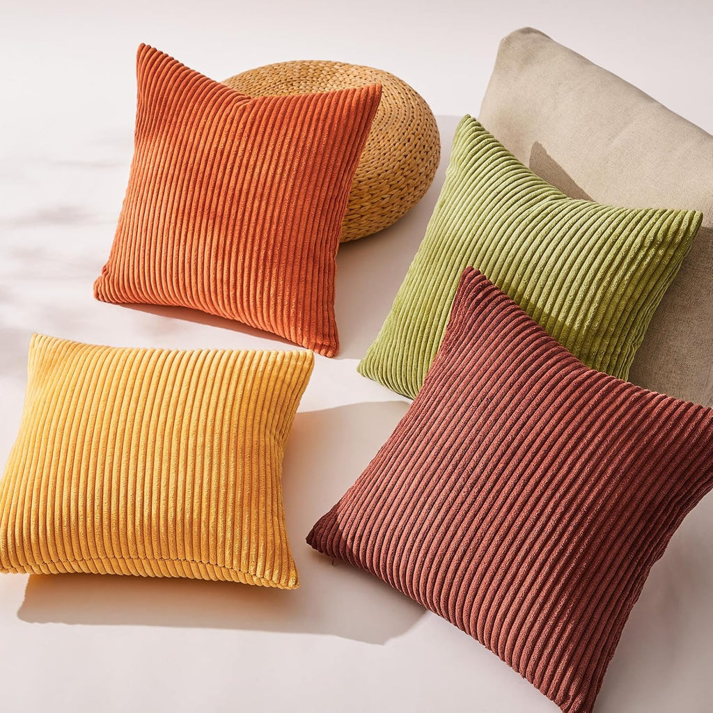 Fall Burnt Orange Decorative Throw Pillows Covers 18x18 Inch Set of 4,Yellow Green Gradient Series Corduroy Striped