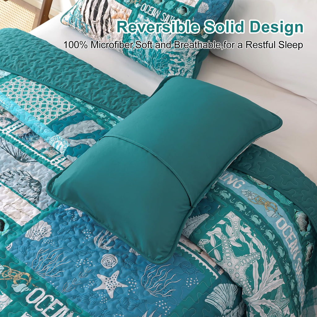 Beach Quilt Set 3 Piece, Summer Coastal Bedspread Coverlet Lightweight Green Ocean Theme Plaid Patchwork