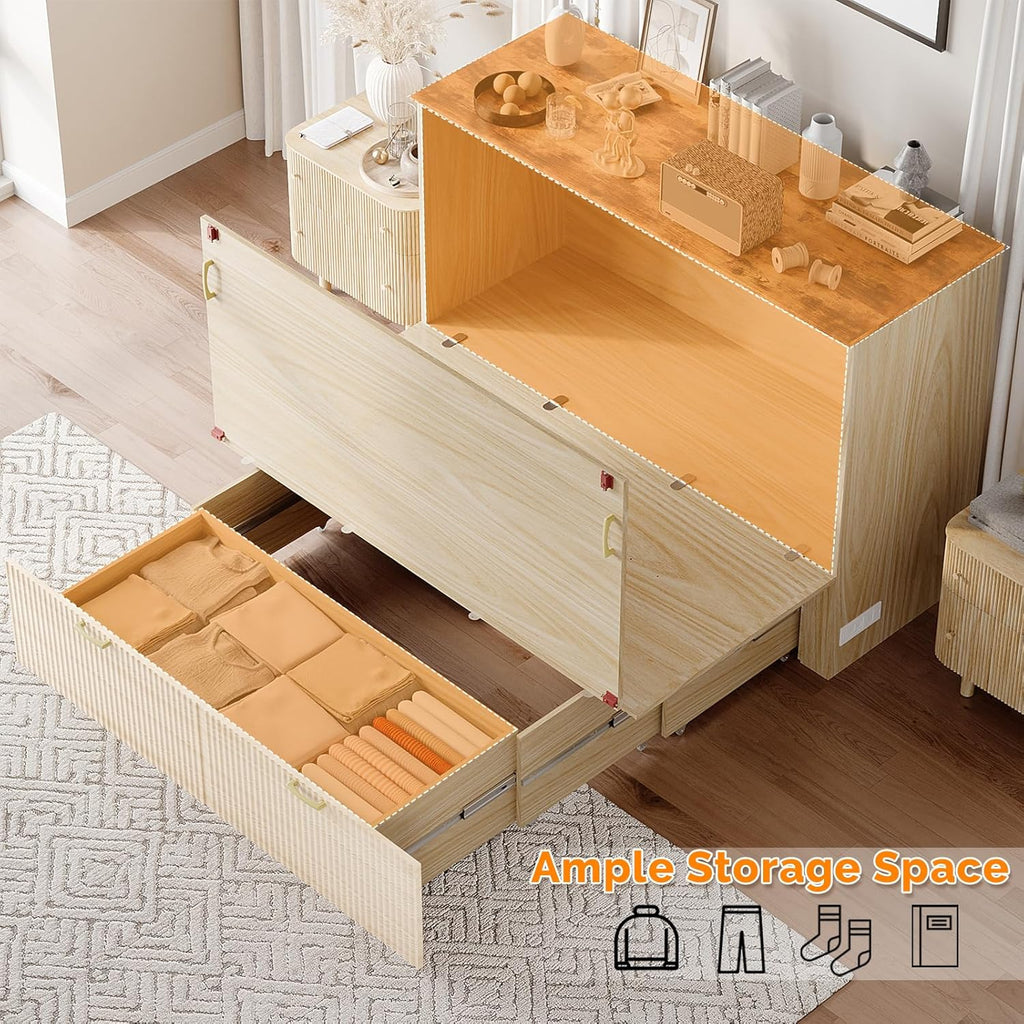 Queen Murphy Bed with Storage Drawer,2 Charging Station,Fluted Wooden Foldable Bed Cabinet,Boho,Hideaway Paltform