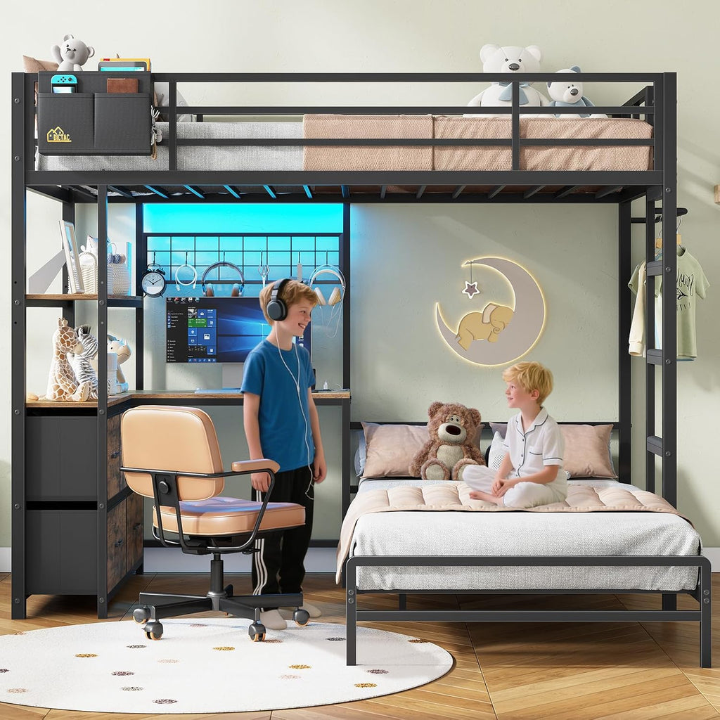 Bunk Bed with L-Shaped Desk,5 Storage Drawers and 2 Shelves Metal Twin XL Over Twin Bunk Bed with LED Lights and Charging Station,bunk Beds with Safety Guardrail & Ladder,Space-Saving,Black