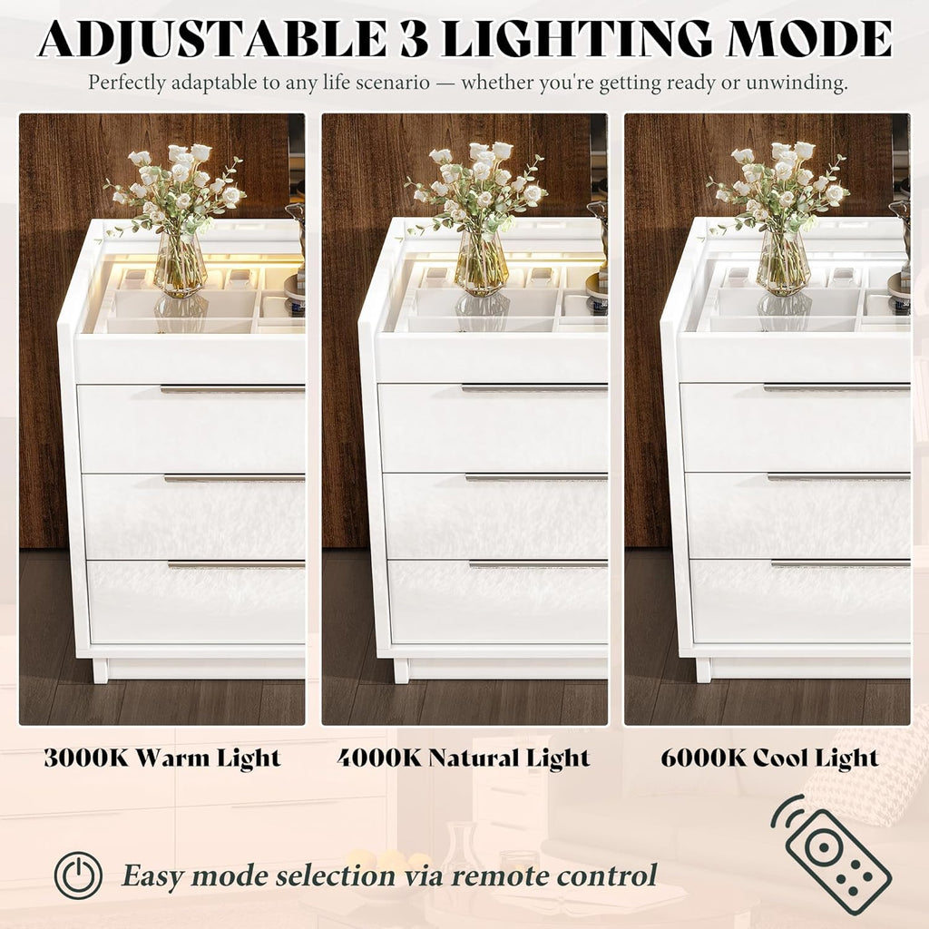 47.2" W 8-Drawer Dresser with Glass Top, High Gloss, White | Wide Dresser, 2 Jewelry Drawers, LED Lighting, Spacious