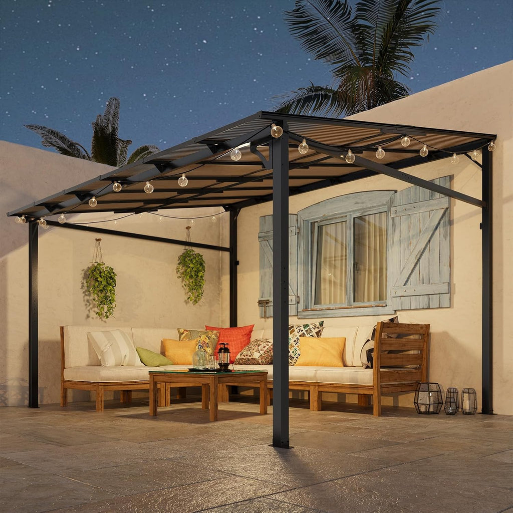 10x12ft Lean to Metal Pergola Gazebo with Hardtop Polycarbonate Roof, Wall Mounted Outdoor Pergolas for Patios