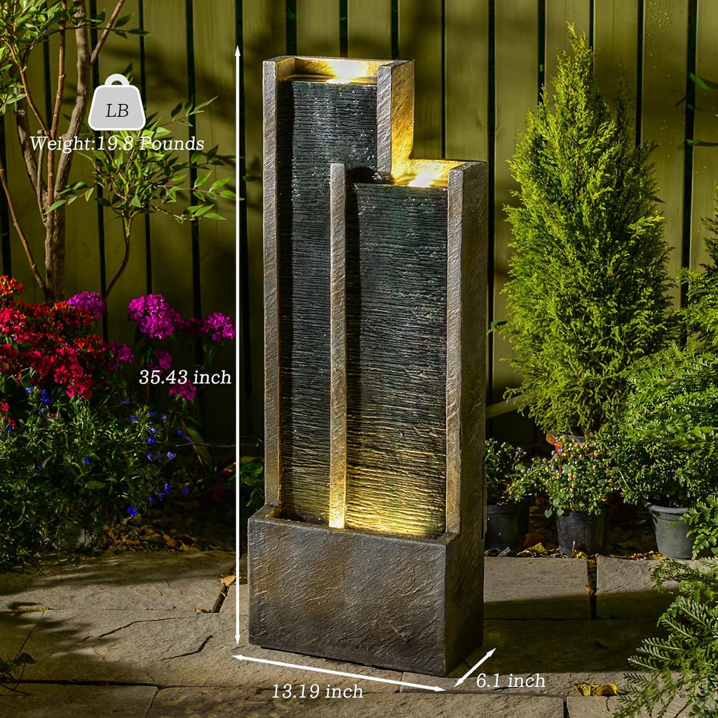 Modern Tiered Waterfall Fountain with Lights - Indoor Rectangular Water Feature - 35.4"H Waterfall Fountains Decor