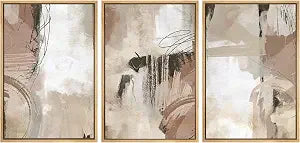 Framed Canvas Print Wall Art Set Brown Pastel Watercolor Paint Strokes Shapes Abstract Illustrations Modern Art - Set of 3