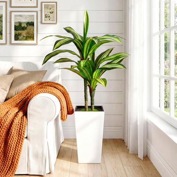 4FT Dracaena Artificial Plant, with White Tall Planter | Fake Tree Indoor,Lifelike Leaves,Leaves Are Easy to