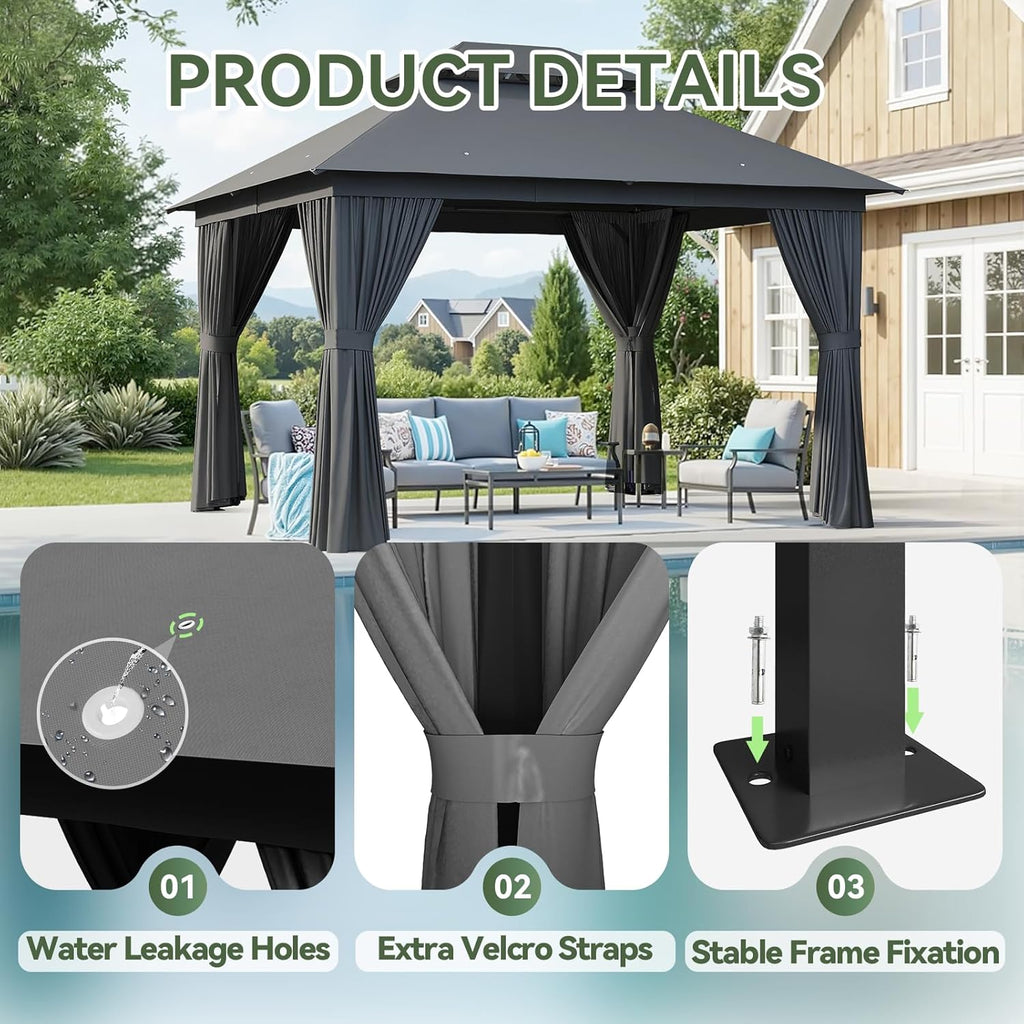 12'x10' Outdoor Gazebo, 50mm Heavy-Duty Steel Frame Double Roof Canopy