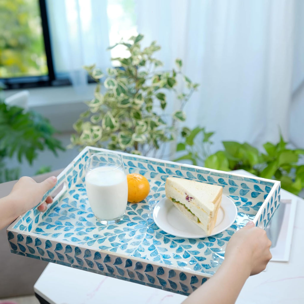Rectangular Mother of Pearl Serving Tray Nacre Wood Lap Ottoman Tray for Coffee Table, Luxury Decorative Eating