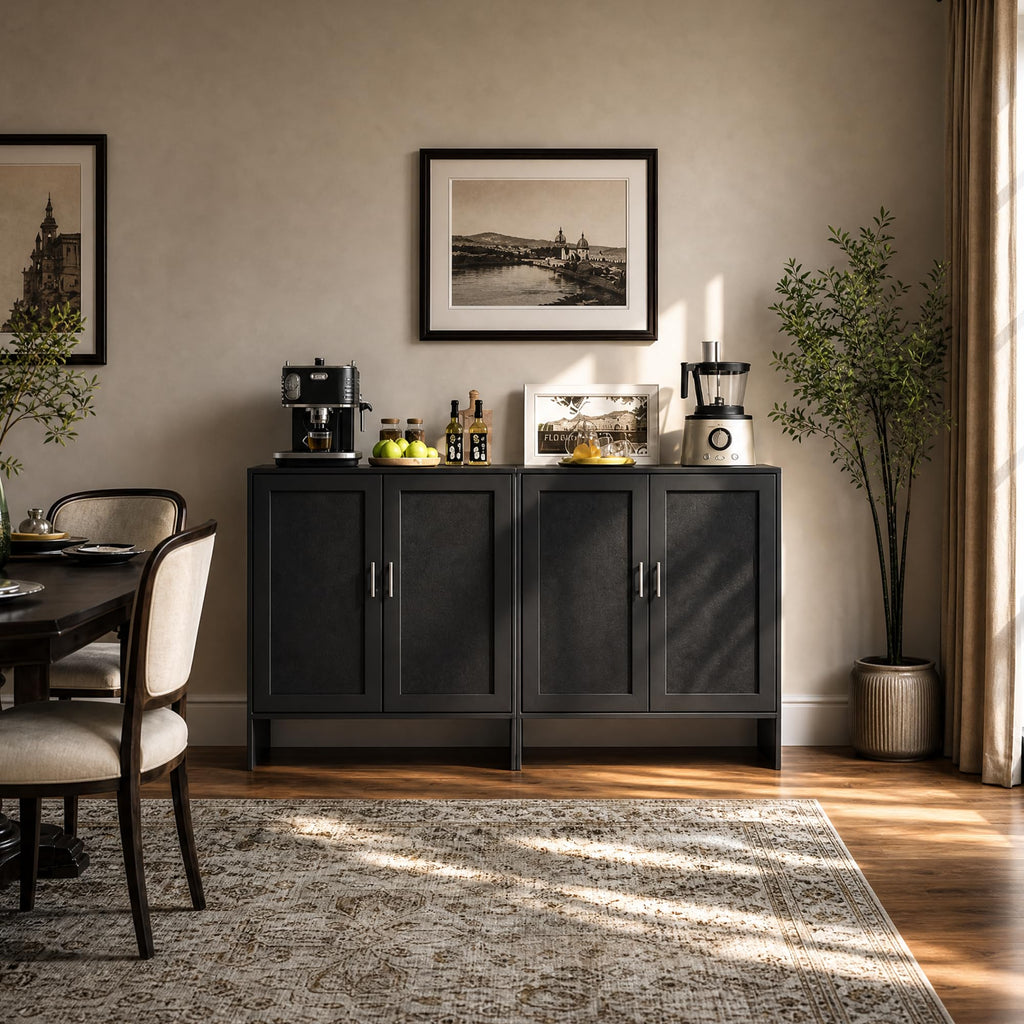 Buffet Storage Cabinet, Farmhouse Sideboard with Black Rattan Doors & Adjustable Shelf, 31.5" Narrow Coffee Bar
