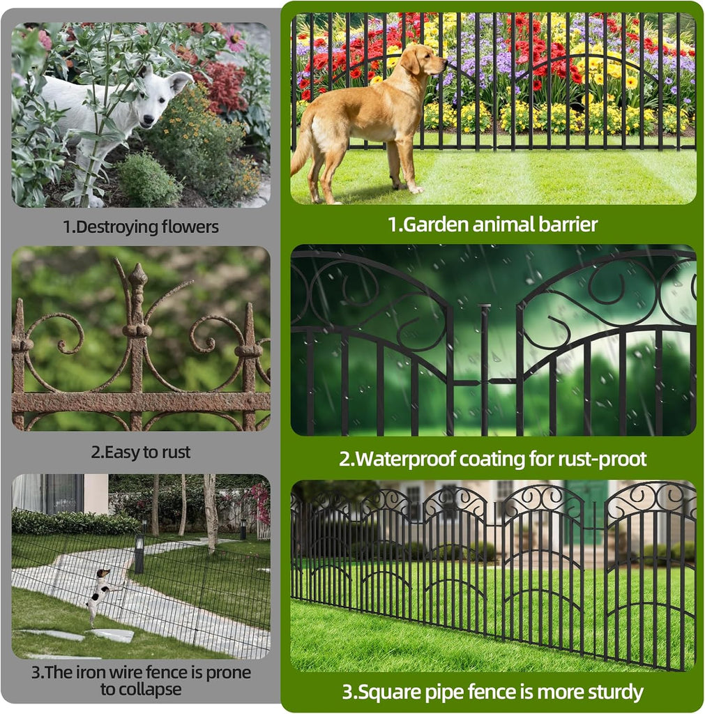8 Panels Decorative Garden Fence, 40in(H)×18Ft(L) Heavy Duty Metal Outdoor Dog Fence Rustproof Square Tube No Dig
