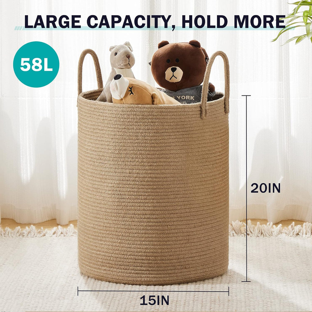 Jute Rope Laundry Hamper Basket, 58L Blanket Basket | Large Woven Laundry Hamper with Sturdy Handles, Collapsible
