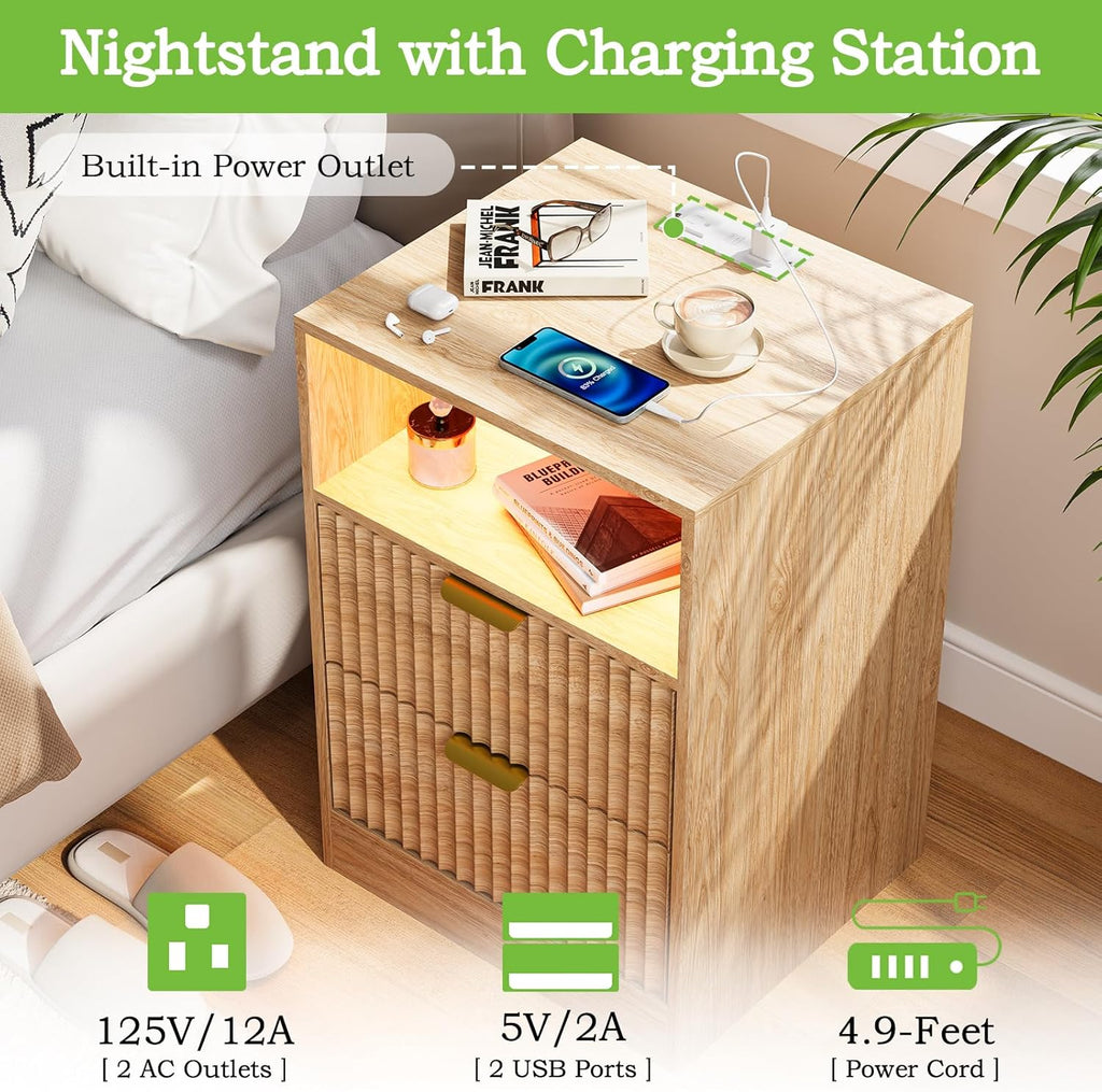 Night Stand Set 2, LED Nightstand with Charging Station, Fluted Nightstands Set of 2 with 2 Drawers, Wood Side Table