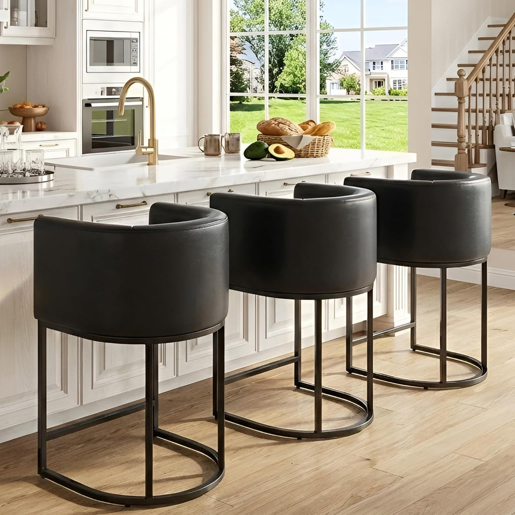 Black Modern Barrel Counter Height Clearance Bar Stools Set of 3, 24 Inch PU Leather Kitchen Barstools with Back