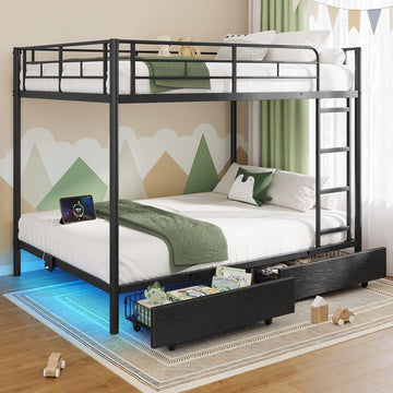 Metal Bunk Bed Full Over Full with USB Charging Station, LED Bunk Bed with 2 Storage Drawers
