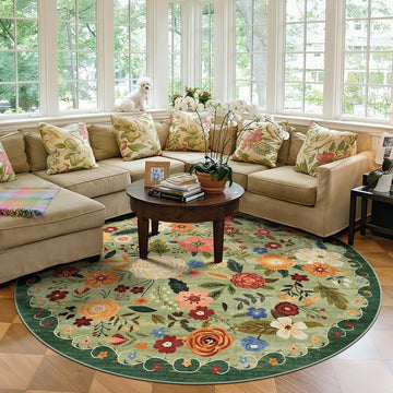 6ft Round Washable Area Rug Green Boho Floral Bedroom