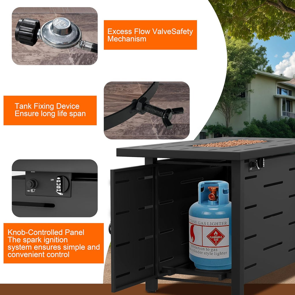 44 Inch Propane Fire Pit Table 50,000 BTU with Lid and Waterproof Cover for Outside Patio - Rectangular, Black