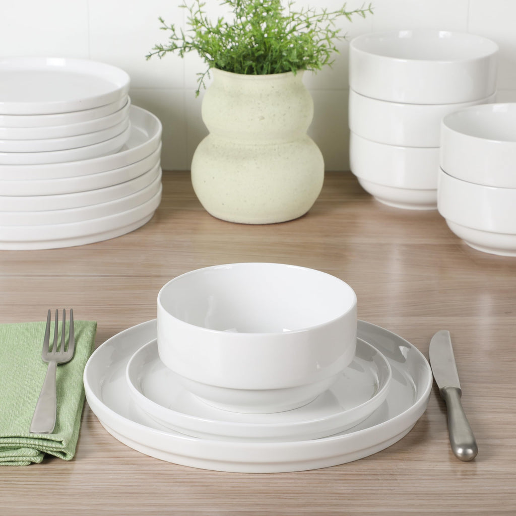 Rothernberg 18-Piece Stackable Porcelain Dinnerware Set, Service for 6 - White Plates and Bowls, Microwave &
