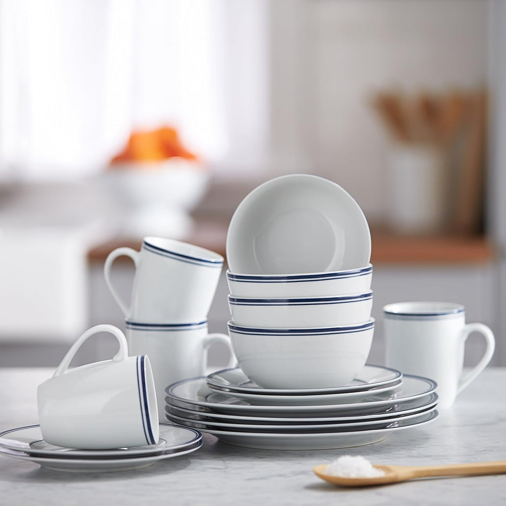 16-Piece Cafe Stripe Dinnerware Set, Microwave and Dishwasher Safe, Plates, Bowls, Mugs, Service for 4, Blue