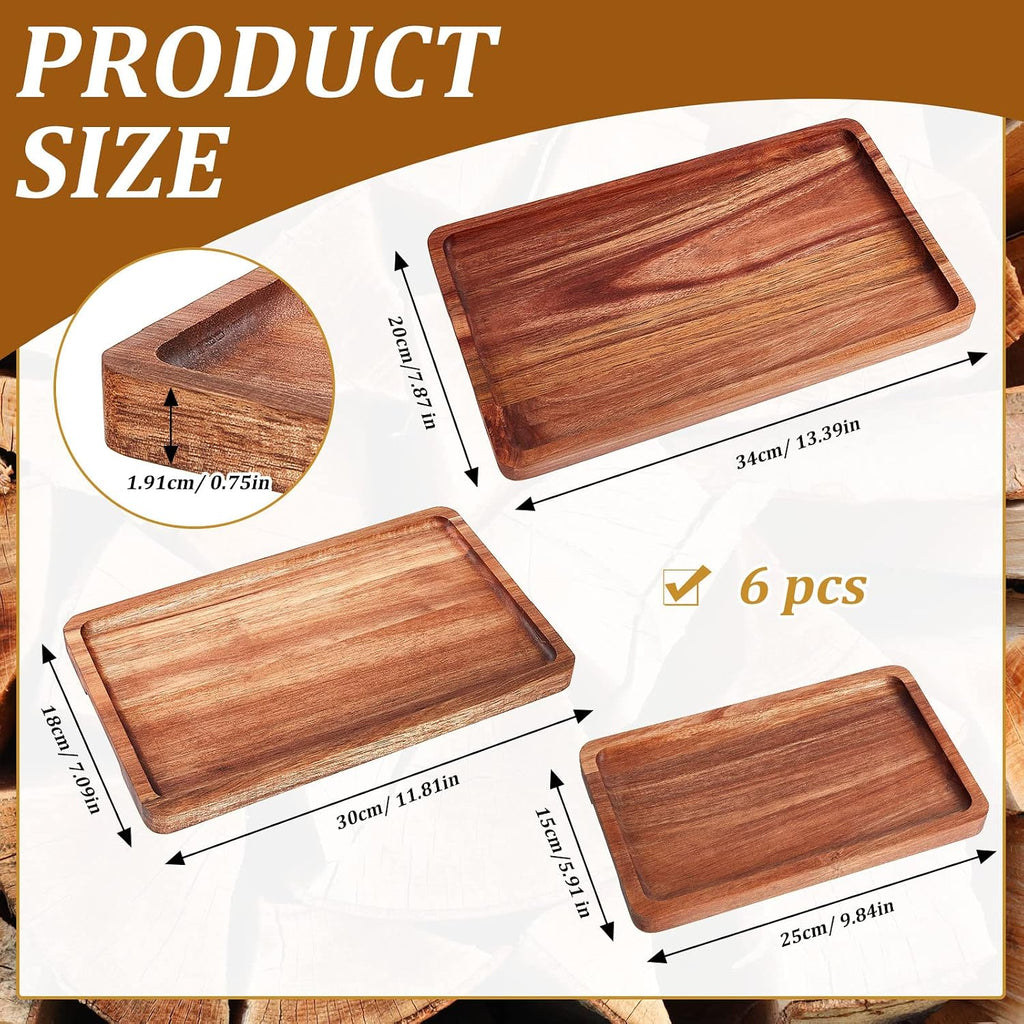 6 Pcs Acacia Wood Serving Trays Wooden Plates for Food 3 Sizes Rectangular Serving Platter Set Natural Wooden Boards